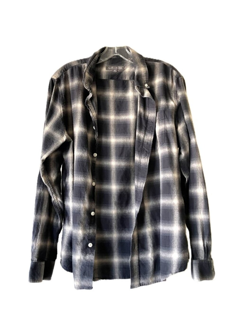 Slate & Stone Men's Medium Plaid Flannel Button Down Shirt Black Grey Off-White